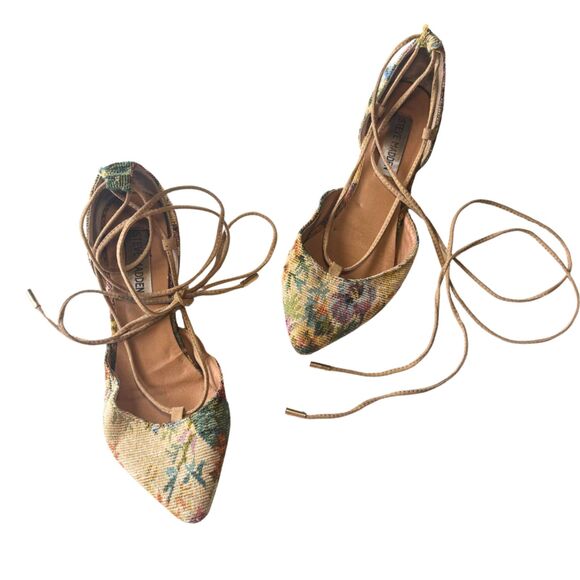 Steve Madden Floral Lace-Up Walkie Flats | Vintage Tapestry Ballet Shoes - Picture 1 of 12